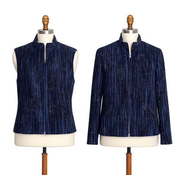 Bibi Stein Handwoven Jacket & Vest Set Navy Textured Full Zip Artisan Designer - Picture 1 of 10